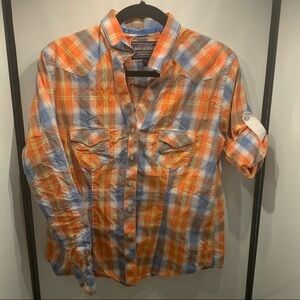 Panhandle Slim Rough Stock Shirt Womens Size Large Blue Orange Plaid